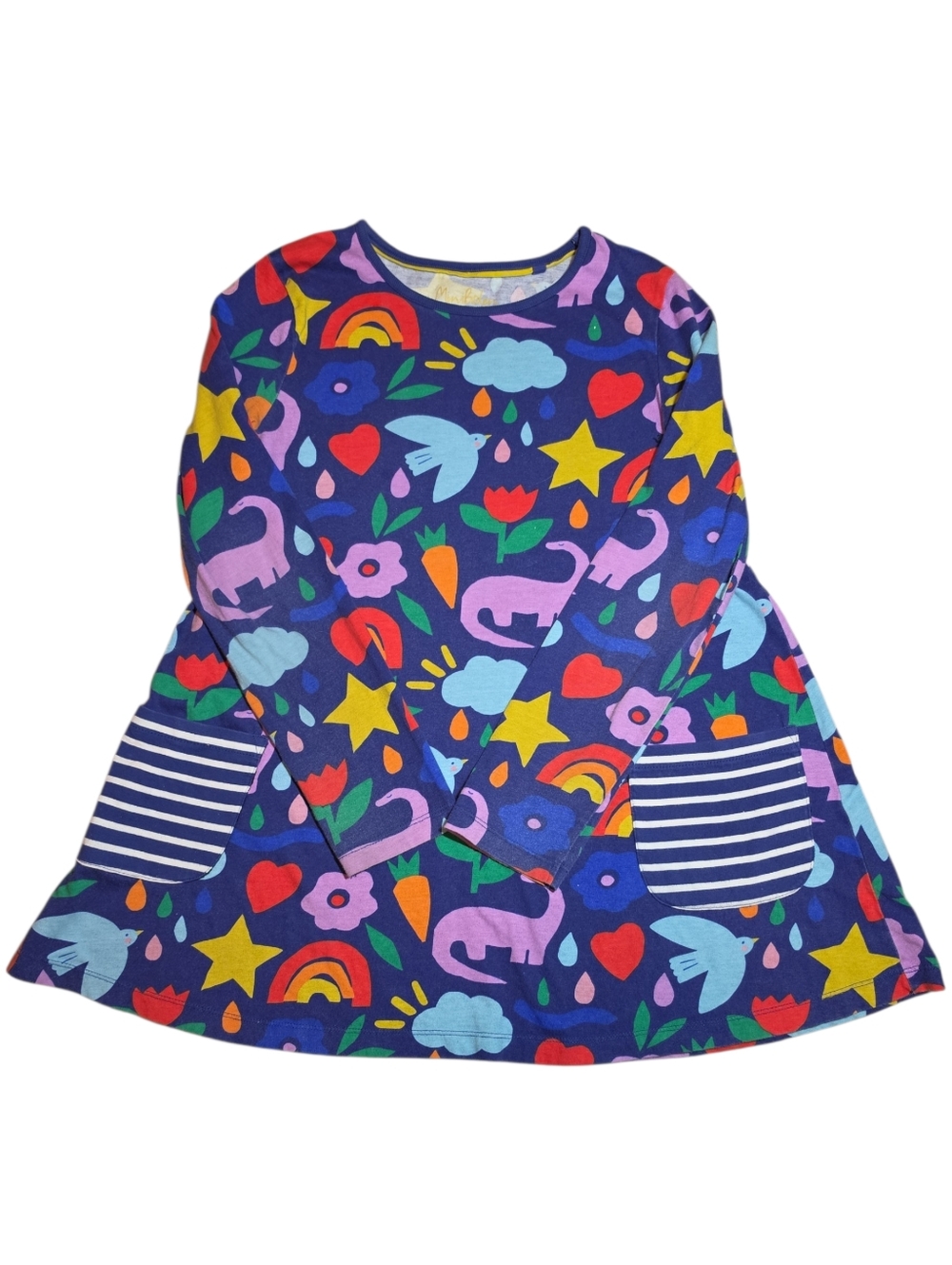 Mini Boden Navy Dress with Multicolored Flowers, Dinos, Etc Size 11/12